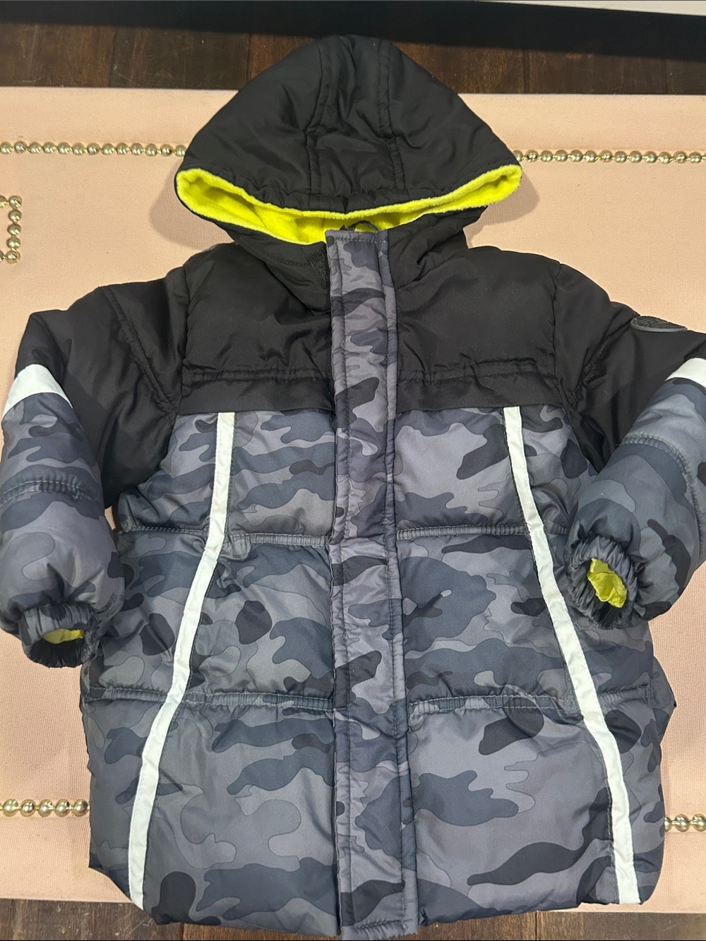 Kids Grey Camo Puffer Jacket with Neon Lining
